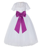 White Floral Lace Flower Girl Dress with Sleeves Junior Bridesmaid Gown Wedding Reception LG2T(3)