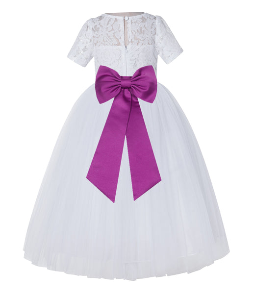 White Floral Lace Flower Girl Dress with Sleeves Junior Bridesmaid Gown Wedding Reception LG2T(3)