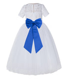 White Floral Lace Flower Girl Dress with Sleeves Junior Bridesmaid Gown Wedding Reception LG2T(5)