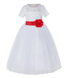 White Floral Lace Flower Girl Dress with Sleeves Junior Bridesmaid Gown Wedding Reception LG2T(3)