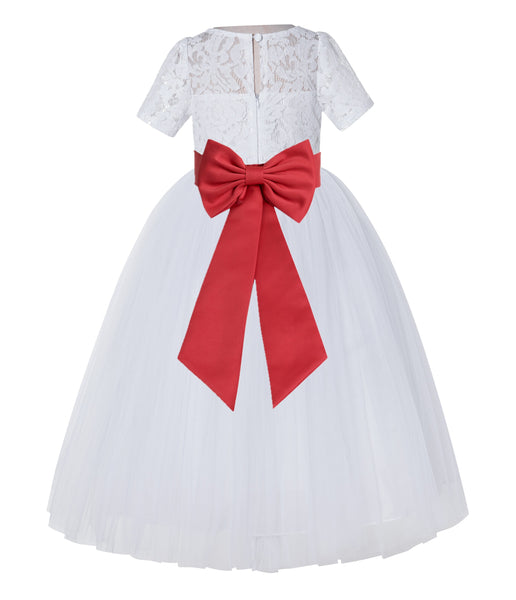 White Floral Lace Flower Girl Dress with Sleeves Junior Bridesmaid Gown Wedding Reception LG2T(3)