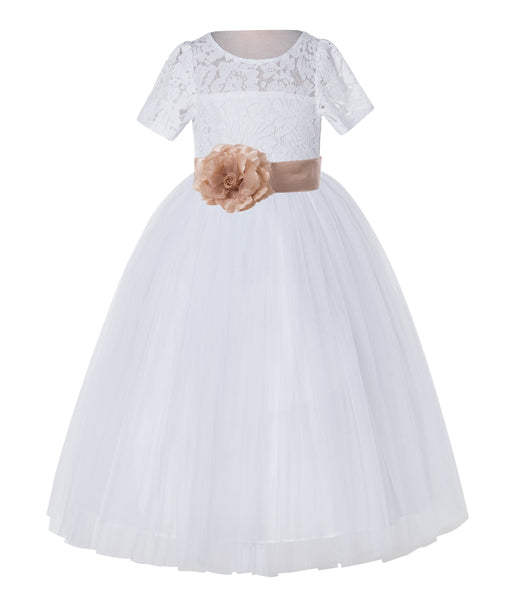 White Floral Lace Flower Girl Dress with Sleeves Junior Bridesmaid Gown Wedding Reception LG2T(3)