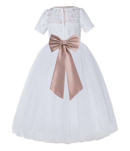White Floral Lace Flower Girl Dress with Sleeves Junior Bridesmaid Gown Wedding Reception LG2T(3)