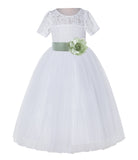 White Floral Lace Flower Girl Dress with Sleeves Junior Bridesmaid Gown Wedding Reception LG2T(3)