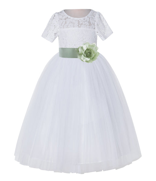 White Floral Lace Flower Girl Dress with Sleeves Junior Bridesmaid Gown Wedding Reception LG2T(3)