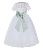 White Floral Lace Flower Girl Dress with Sleeves Junior Bridesmaid Gown Wedding Reception LG2T(3)