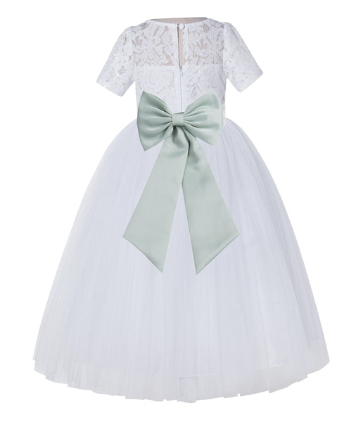 White Floral Lace Flower Girl Dress with Sleeves Junior Bridesmaid Gown Wedding Reception LG2T(3)