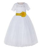 White Floral Lace Flower Girl Dress with Sleeves Junior Bridesmaid Gown Wedding Reception LG2T(2)