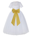 White Floral Lace Flower Girl Dress with Sleeves Junior Bridesmaid Gown Wedding Reception LG2T(2)