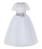 White Floral Lace Flower Girl Dress with Sleeves Junior Bridesmaid Gown Wedding Reception LG2T(3)