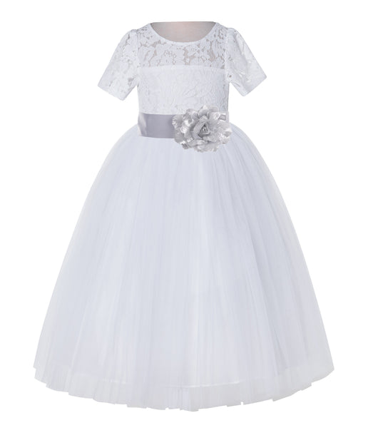 White Floral Lace Flower Girl Dress with Sleeves Junior Bridesmaid Gown Wedding Reception LG2T(3)