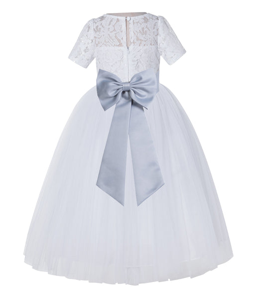 White Floral Lace Flower Girl Dress with Sleeves Junior Bridesmaid Gown Wedding Reception LG2T(3)