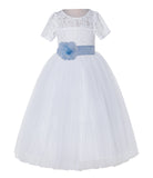 White Floral Lace Flower Girl Dress with Sleeves Junior Bridesmaid Gown Wedding Reception LG2T(4)