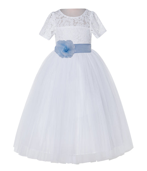 White Floral Lace Flower Girl Dress with Sleeves Junior Bridesmaid Gown Wedding Reception LG2T(4)