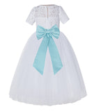 White Floral Lace Flower Girl Dress with Sleeves Junior Bridesmaid Gown Wedding Reception LG2T(3)