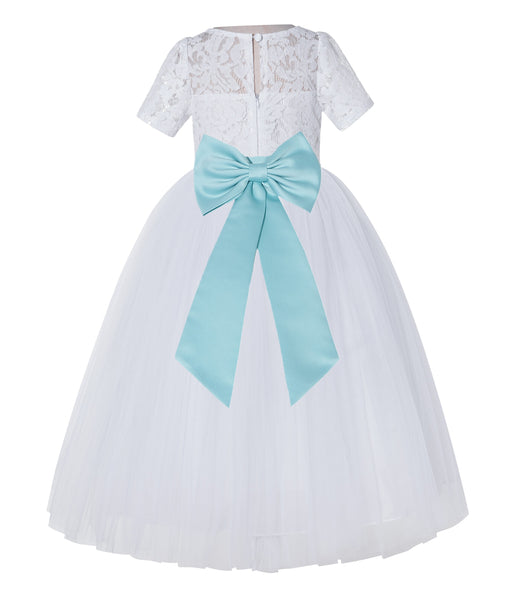 White Floral Lace Flower Girl Dress with Sleeves Junior Bridesmaid Gown Wedding Reception LG2T(3)