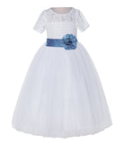 White Floral Lace Flower Girl Dress with Sleeves Junior Bridesmaid Gown Wedding Reception LG2T(3)
