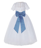 White Floral Lace Flower Girl Dress with Sleeves Junior Bridesmaid Gown Wedding Reception LG2T(3)