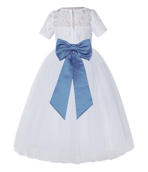 White Floral Lace Flower Girl Dress with Sleeves Junior Bridesmaid Gown Wedding Reception LG2T(3)