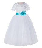 White Floral Lace Flower Girl Dress with Sleeves Junior Bridesmaid Gown Wedding Reception LG2T(2)