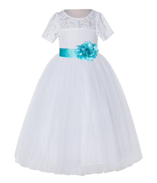 White Floral Lace Flower Girl Dress with Sleeves Junior Bridesmaid Gown Wedding Reception LG2T(2)