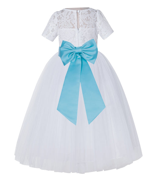 White Floral Lace Flower Girl Dress with Sleeves Junior Bridesmaid Gown Wedding Reception LG2T(2)