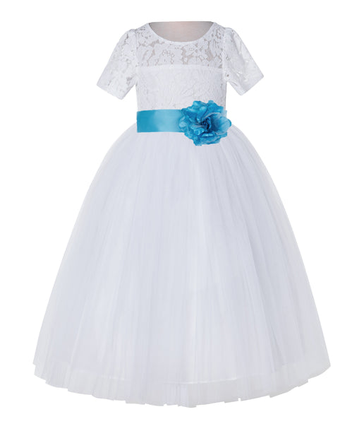 White Floral Lace Flower Girl Dress with Sleeves Junior Bridesmaid Gown Wedding Reception LG2T(2)