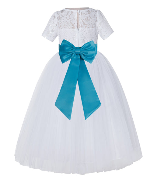 White Floral Lace Flower Girl Dress with Sleeves Junior Bridesmaid Gown Wedding Reception LG2T(2)