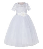 White Floral Lace Flower Girl Dress with Sleeves Junior Bridesmaid Gown Wedding Reception LG2T(3)