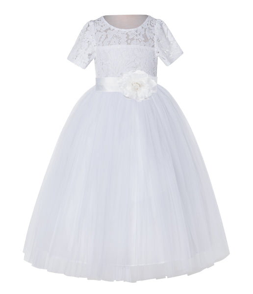 White Floral Lace Flower Girl Dress with Sleeves Junior Bridesmaid Gown Wedding Reception LG2T(3)