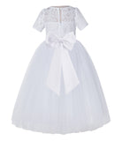 White Floral Lace Flower Girl Dress with Sleeves Junior Bridesmaid Gown Wedding Reception LG2T(3)