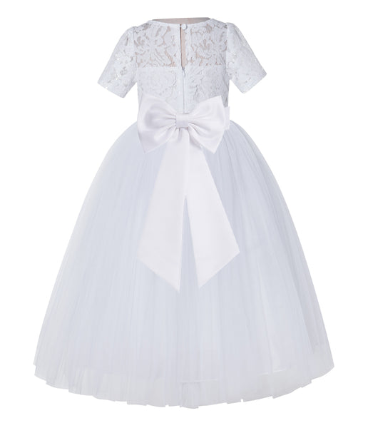 White Floral Lace Flower Girl Dress with Sleeves Junior Bridesmaid Gown Wedding Reception LG2T(3)