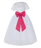 White Floral Lace Flower Girl Dress with Sleeves Junior Bridesmaid Gown Wedding Reception LG2T(2)