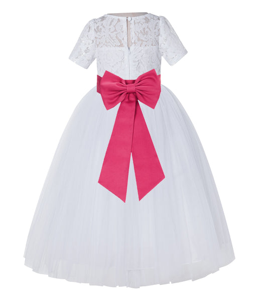 White Floral Lace Flower Girl Dress with Sleeves Junior Bridesmaid Gown Wedding Reception LG2T(2)
