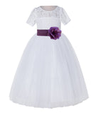 White Floral Lace Flower Girl Dress with Sleeves Junior Bridesmaid Gown Wedding Reception LG2T(4)