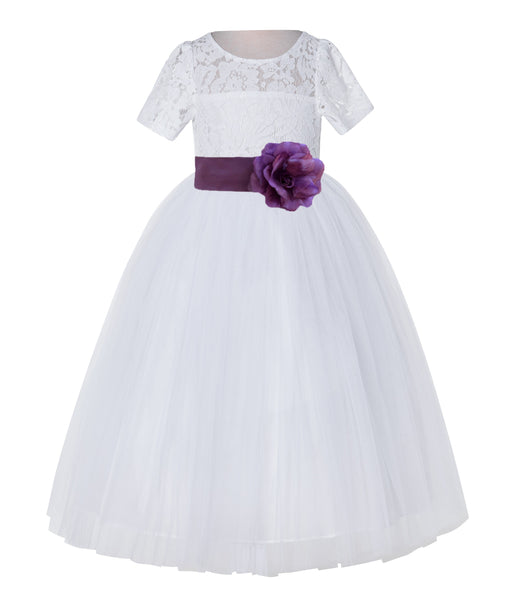 White Floral Lace Flower Girl Dress with Sleeves Junior Bridesmaid Gown Wedding Reception LG2T(4)