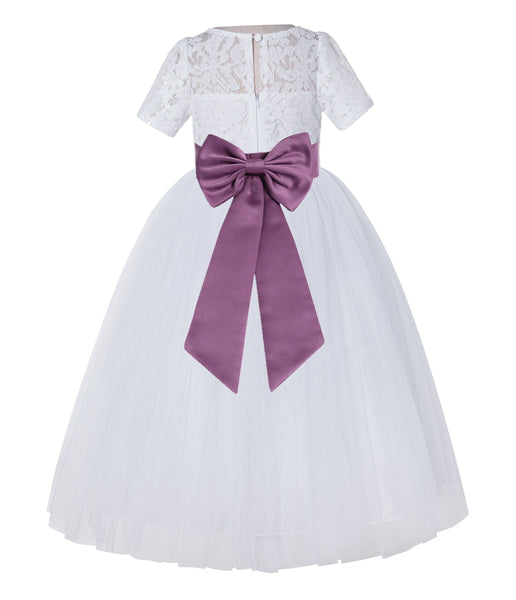 White Floral Lace Flower Girl Dress with Sleeves Junior Bridesmaid Gown Wedding Reception LG2T(4)
