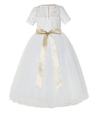 Floral Lace Flower Girl Dress with Sleeves Holy Baptism Gown Formal Photoshoot Dresses LG2R2