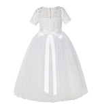 Floral Lace Flower Girl Dress with Sleeves Father Daughter Dance Recital Gown Birthday Party LG2R3