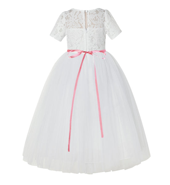 Floral Lace Flower Girl Dress with Sleeves Church Christening Gown Junior Pageant Gown LG2R4
