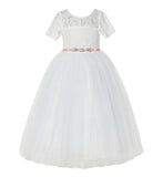 Floral Lace Flower Girl Dress with Sleeves Church Christening Gown Junior Pageant Gown LG2R4