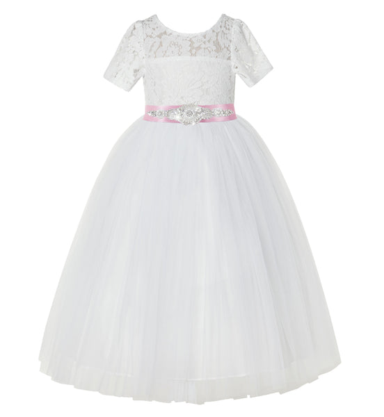 Ivory Floral Lace Flower Girl Dress with Sleeves Pretty Princess Gown Special Occasion Dresses LG2R7