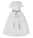 Ivory Floral Lace Flower Girl Dress with Sleeves Pretty Princess Gown Special Occasion Dresses LG2R7