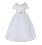 White Floral Lace Flower Girl Dress with Sleeves Pretty Princess Gown Special Occasion Dresses LG2R7