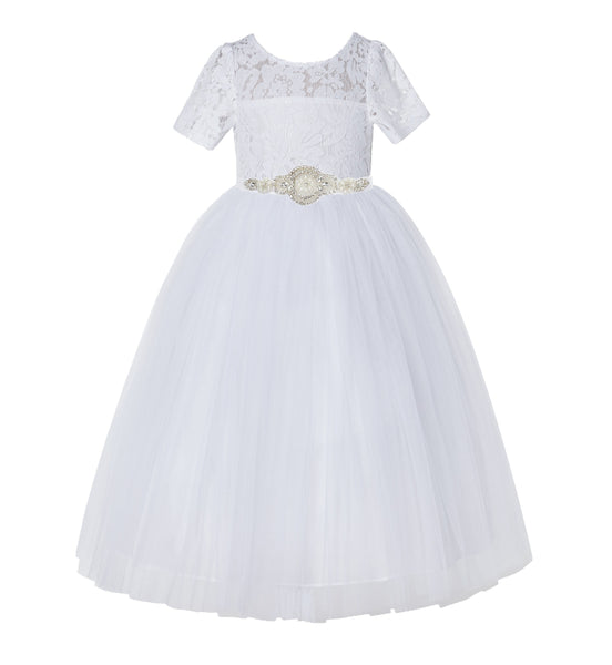 White Floral Lace Flower Girl Dress with Sleeves Pretty Princess Gown Special Occasion Dresses LG2R7