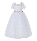 White Floral Lace Flower Girl Dress with Sleeves Pretty Princess Gown Special Occasion Dresses LG2R7