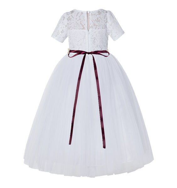 White Floral Lace Flower Girl Dress with Sleeves Pretty Princess Gown Special Occasion Dresses LG2R7