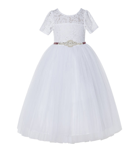 White Floral Lace Flower Girl Dress with Sleeves Pretty Princess Gown Special Occasion Dresses LG2R7