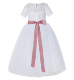 White Floral Lace Flower Girl Dress with Sleeves Pretty Princess Gown Special Occasion Dresses LG2R7