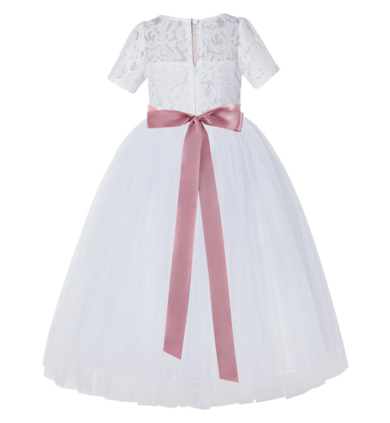 White Floral Lace Flower Girl Dress with Sleeves Pretty Princess Gown Special Occasion Dresses LG2R7